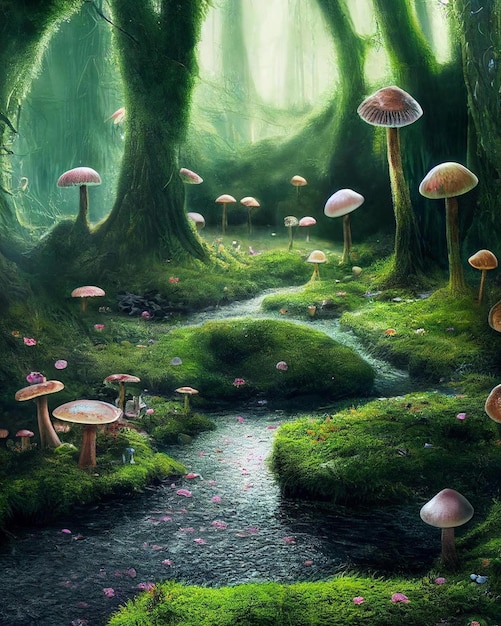 Une peinture d'une forêt avec des champignons et un ruisseau.