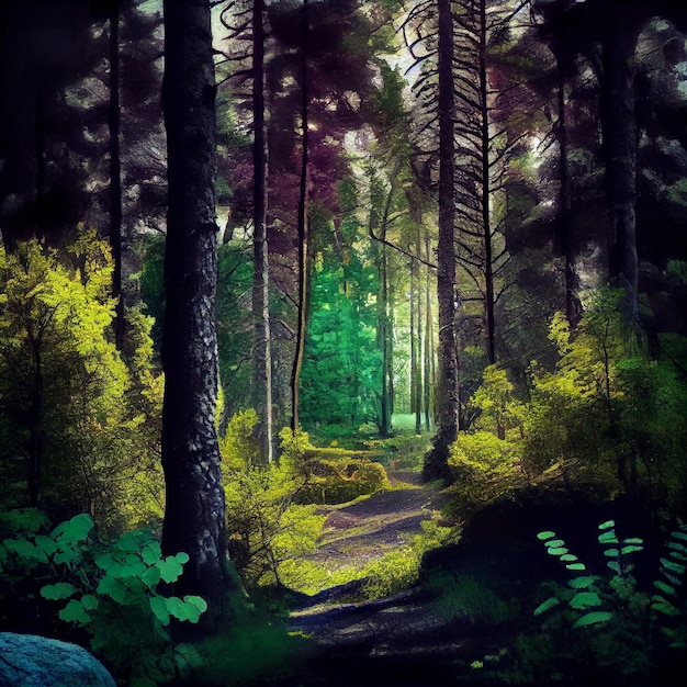 Une peinture d'une forêt avec un chemin entouré d'arbres et le soleil qui brille dessus.