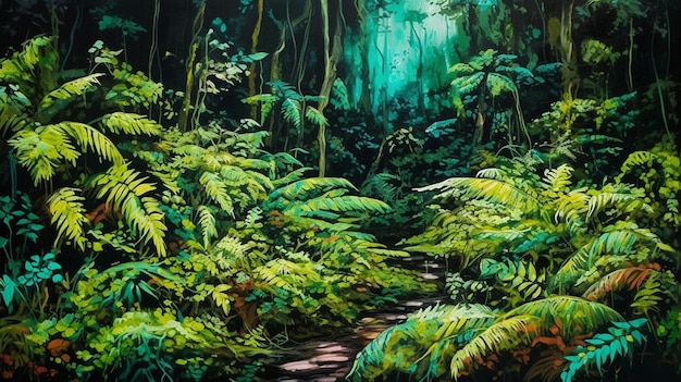 Une peinture d'une forêt avec un chemin à travers la jungle.