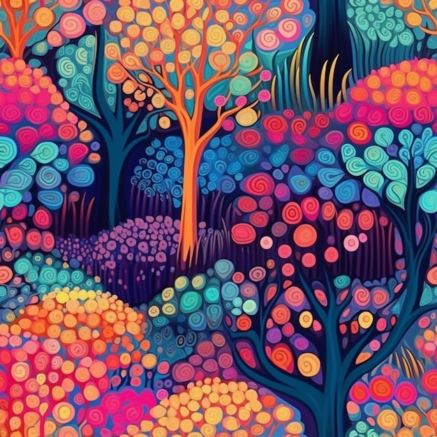 Une peinture d'une forêt colorée avec des arbres et des fleurs générative ai