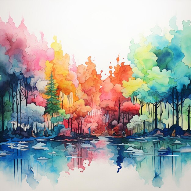 peinture d'une forêt colorée avec un lac et des arbres génératifs ai