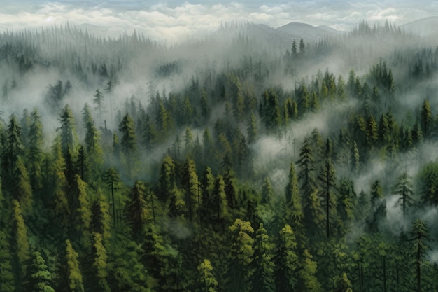 Une peinture d'une forêt avec du brouillard et des arbres Generative AI