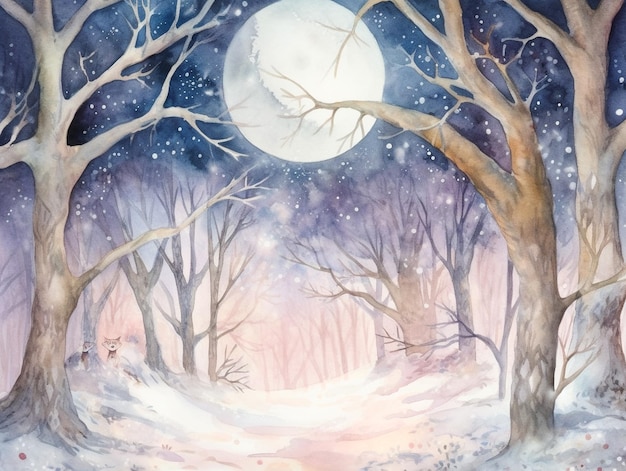 Une peinture d'une forêt enneigée avec une pleine lune en arrière-plan