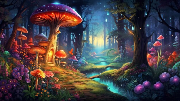 peinture d'une forêt fantastique avec des champignons et un ruisseau génératif ai
