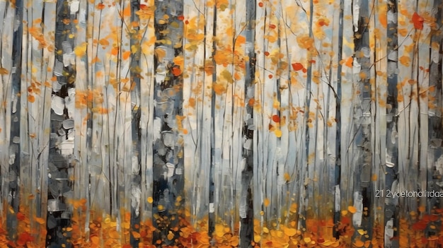 Une peinture d'une forêt avec des feuilles d'automne.