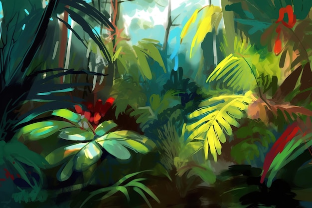 Une peinture d'une forêt avec une fleur rouge dessus