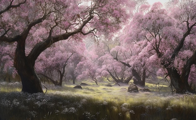 Une peinture d'une forêt avec des fleurs roses et des arbres.