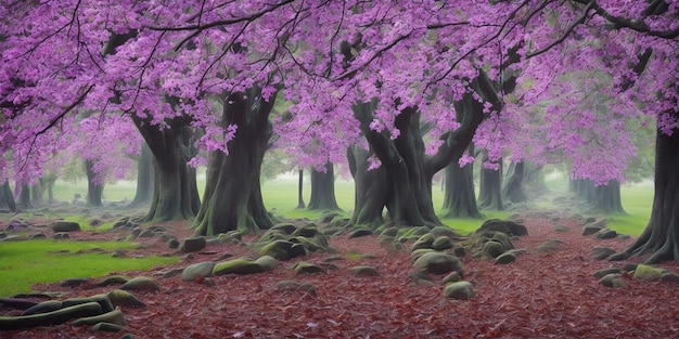 Une peinture d'une forêt avec des fleurs violettes au premier plan.