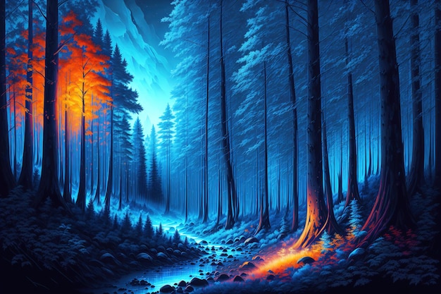 Une peinture d'une forêt avec un fond bleu et le mot forêt en bas.