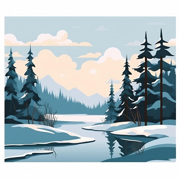 une peinture d'une forêt avec un lac et des montagnes en arrière-plan