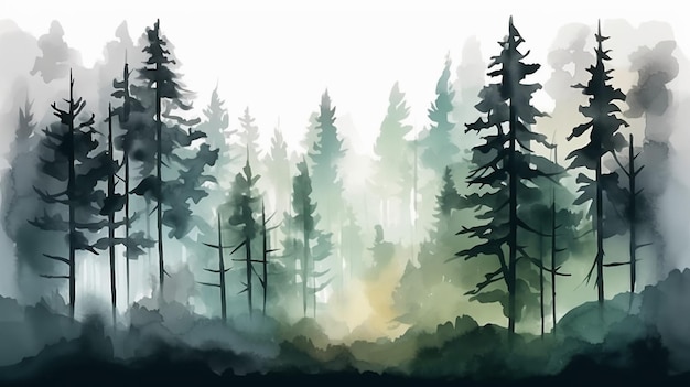 Une peinture d'une forêt avec une lumière dans le ciel.