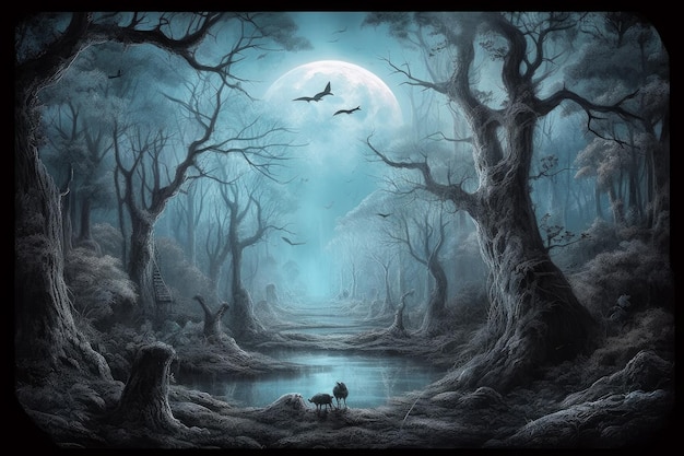 Une peinture d'une forêt avec une lune et un arbre en arrière-plan.