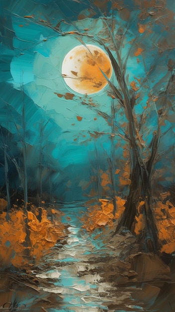 Une peinture d'une forêt avec une lune dans le ciel