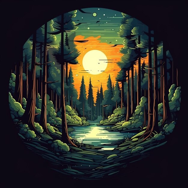 une peinture d'une forêt avec une lune et un lac en arrière-plan.