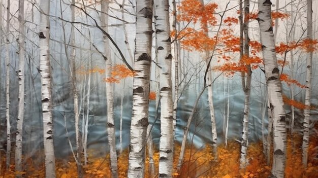 Une peinture d'une forêt avec une rivière en arrière-plan.