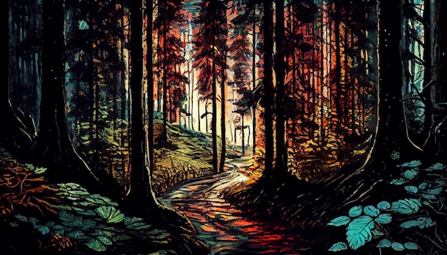 Une peinture d'une forêt avec une route au milieu et les mots "forêt" en bas.