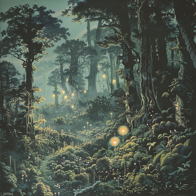 peinture d'une forêt avec un ruisseau et une cascade au milieu générative ai