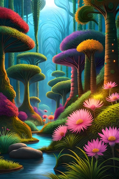 Photo une peinture d'une forêt avec un ruisseau et des fleurs