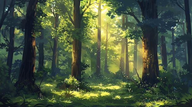 une peinture d'une forêt avec le soleil brillant à travers les arbres