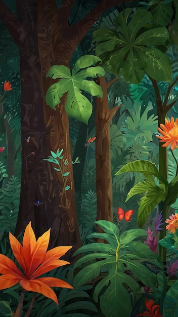 une peinture d'une forêt tropicale avec des fleurs et des plantes