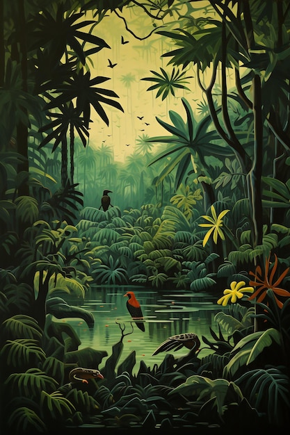 une peinture d'une forêt tropicale avec des oiseaux et des arbres en arrière-plan