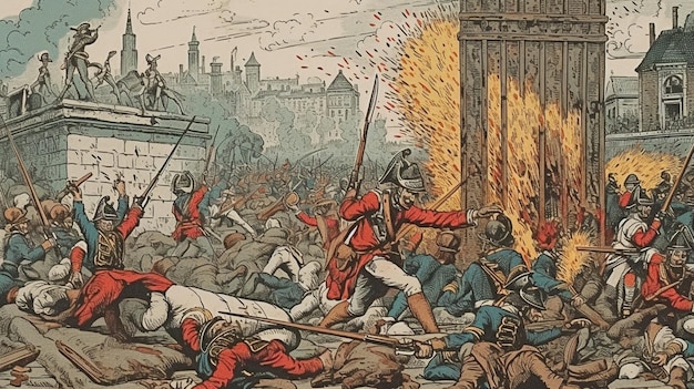 Une peinture d'une foule de personnes en uniformes rouges et un uniforme rouge avec les mots london sur le devant.