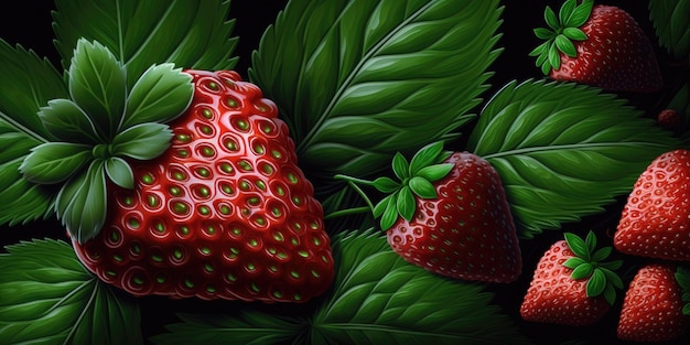 Une peinture d'une fraise et d'une feuille verte