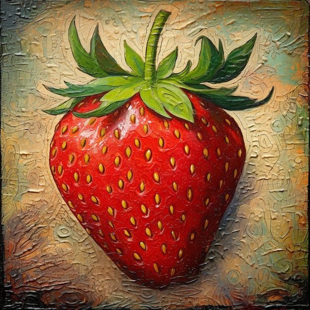 peinture d'une fraise avec une tige verte sur fond marron ai générative