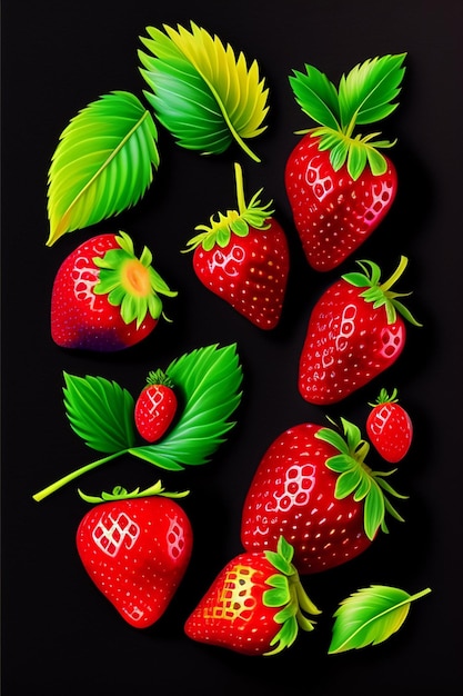 Une peinture de fraises avec des feuilles vertes et le mot fraise dessus.