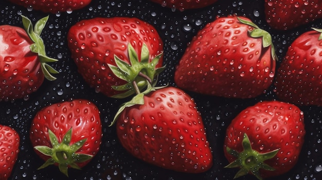 Une peinture de fraises avec des gouttelettes d'eau dessus.