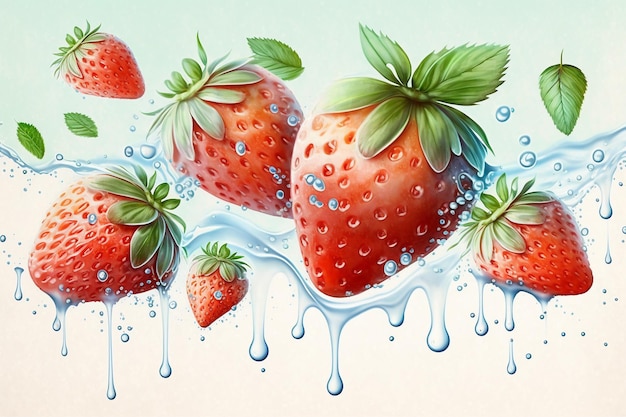 Une peinture de fraises avec une touche de lait dessus.
