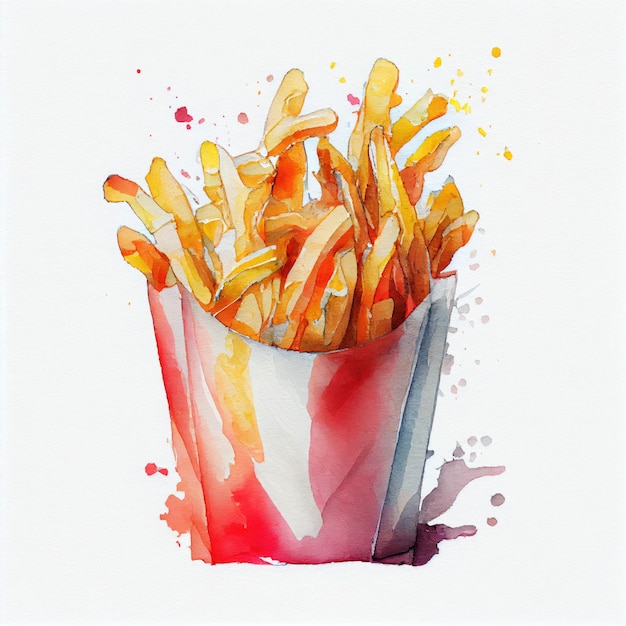 Une peinture d'une frite dans une boîte rouge et blanche.