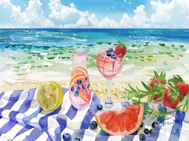 Photo une peinture de fruits et de boissons sur une plage