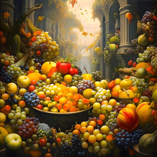 Une peinture de fruits et un bol de fruits