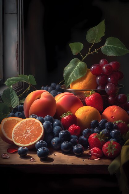 Une peinture de fruits dont des bleuets bleuets et une pêche