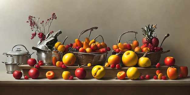 Une peinture de fruits et un panier de pêches.