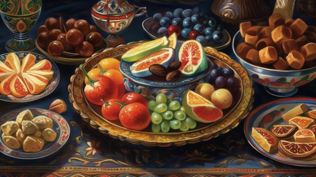 Une peinture de fruits et pâtisseries sur une table.