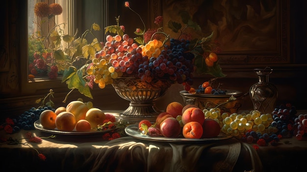 Une peinture de fruits et un vase de fleurs