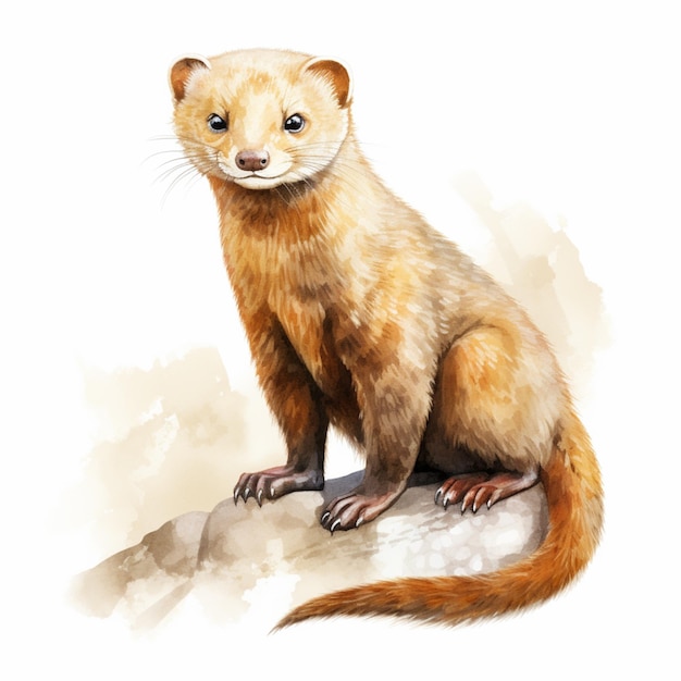 peinture d'un furet assis sur un rocher avec un fond blanc. IA générative.