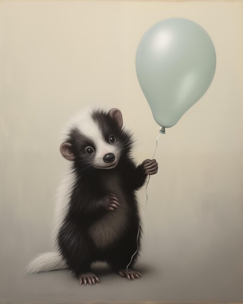 peinture d'un furet tenant un ballon bleu dans ses pattes