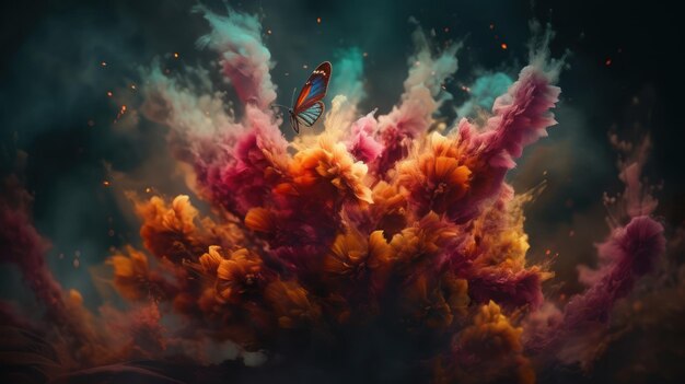 Une peinture d'une fusée volant à travers un nuage de fumée