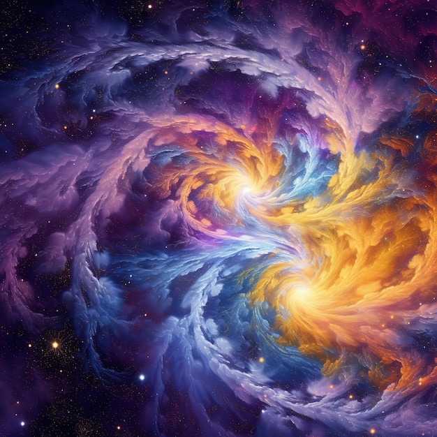 Une peinture de galaxie colorée avec un tourbillon de lumière et de couleurs.