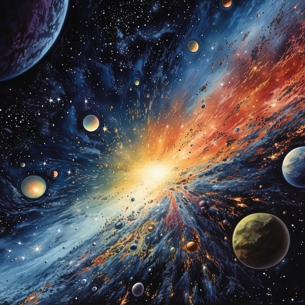 peinture d'une galaxie avec des planètes et des étoiles en arrière-plan IA générative