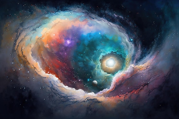 Une peinture d'une galaxie avec l'univers en arrière-plan.