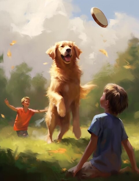 peinture d'un garçon et d'un chien jouant avec un frisbee