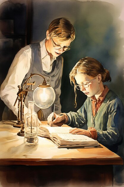 Photo une peinture d'un garçon et d'une fille lisant une lampe par une lampe