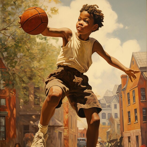 Photo une peinture d'un garçon jouant au basket dans la rue.