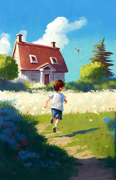 peinture d'un garçon qui court dans un champ avec une maison en arrière-plan