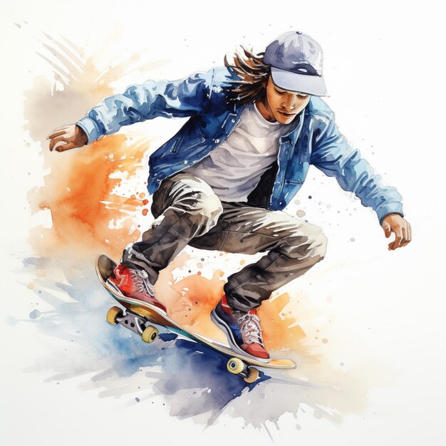 peinture d'un garçon sur un skateboard avec une veste bleue et un chapeau