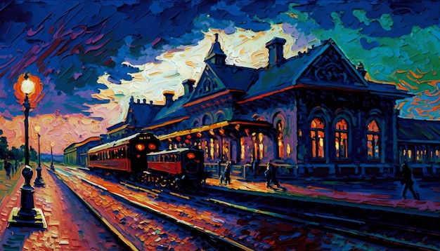 Une peinture d'une gare avec un train au sommet.